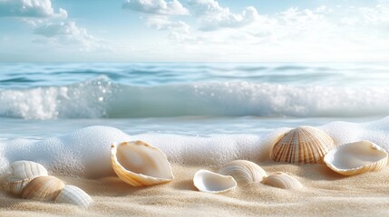 Seashells on sandy beach, ocean waves, sunny sky. Vacation postcard.