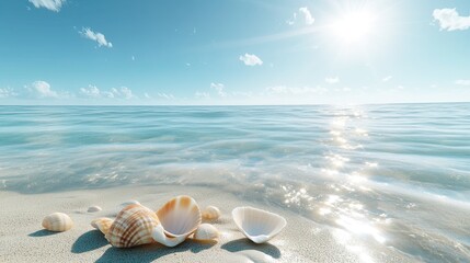 Seashells on sunny beach, tranquil ocean, summer vacation.