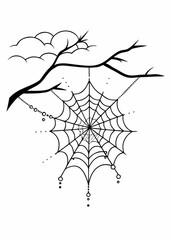 Minimalist a spiderweb hanging from a bare branch with a cloud in the background in black and white style vector