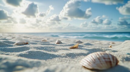 Seashells on Tropical Beach at Sunrise.