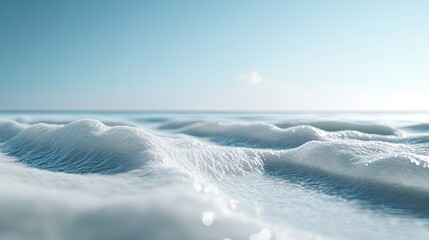 Frothy ocean waves on a sunny beach; serene seascape for travel brochures.