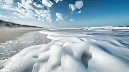 Seafoam textures on a sunny beach, waves and sky. Website banner.