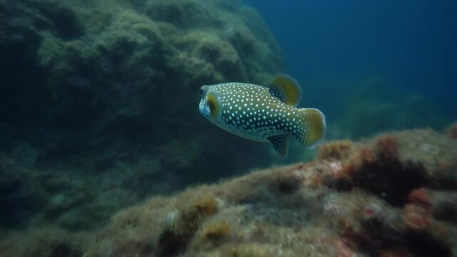 Medium cinematic shot following a pufferfish exploring a rocky reef