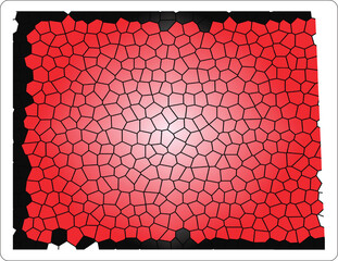 A detailed abstract background featuring a red stained glass or mosaic pattern with a strong radial gradient that brightens to a white center point. The polygonal cells are outlined in black.