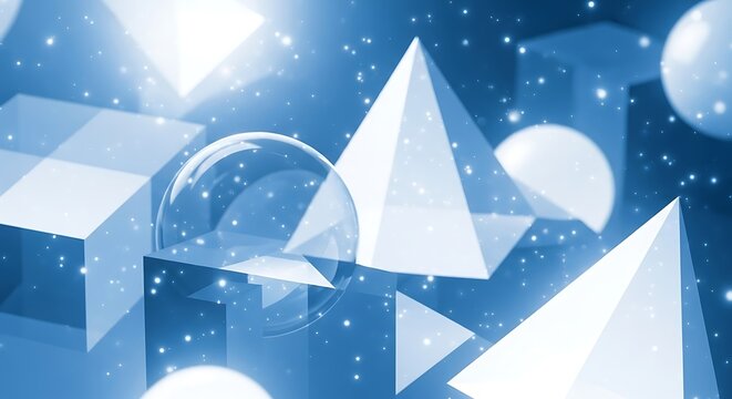 Abstract geometric shapes floating in a blue space background.