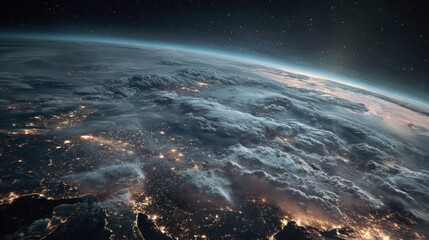 Earth at night seen from space above clouds and city lights.