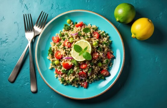 Top view tabouli served on blue plate. Salad with tomatoes, quinoa, mint and lemon. Healthy fresh east mediterranean meal. Diet bowl rich in vitamins. Vegan food.