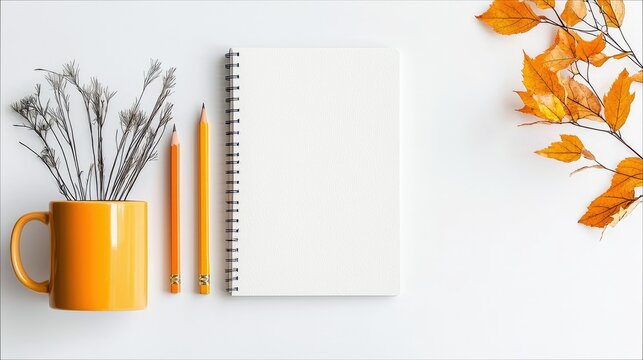 A flat lay composition featuring an open notebook, two pencils, dried grass in an orange mug, and autumn leaves, arranged on a clean white surface with bright,