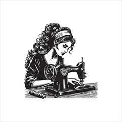 Monochrome drawing of a skilled seamstress using a retro sewing machine, a detailed vector logo illustration