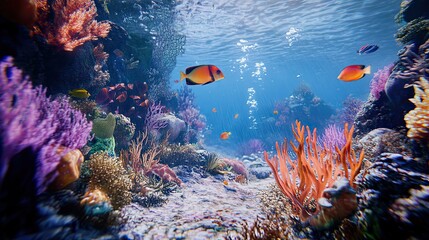 Vibrant coral reef teeming with fish, underwater scene, ocean background, ideal for marine life documentaries.