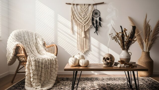 Boho Spooky Living Room with Dreamcatchers and Skulls