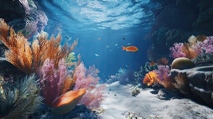 Vibrant coral reef underwater scene, fish swimming, ocean floor background; ideal for marine life documentaries.