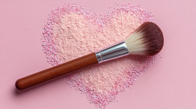 Minimal Makeup Brush Creates Heart Shape With Glitter Dust on a Soft Pink Background for Beauty Branding Layout