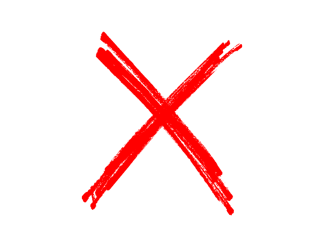 Red cross mark drawn with brush strokes. Hand-drawn X symbol isolated on white background. 