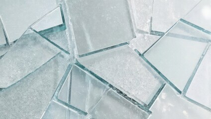 Close-up of shattered glass pieces, fragments scattered on surface, sharp edges.