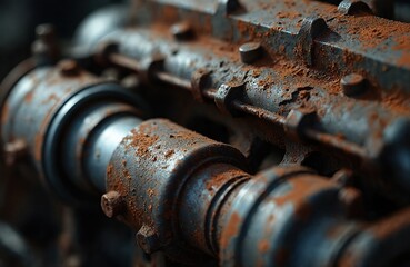 Close-up view of corroded metal engine part showing deep rust texture and wear. Industrial aged mechanical component details, aged vehicle parts, grunge background.