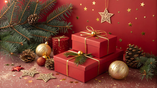 Vibrant Christmas scene with red gifts, gold ornaments, and pine branches on a red backdrop, ideal for holiday greetings and festive celebration themes
