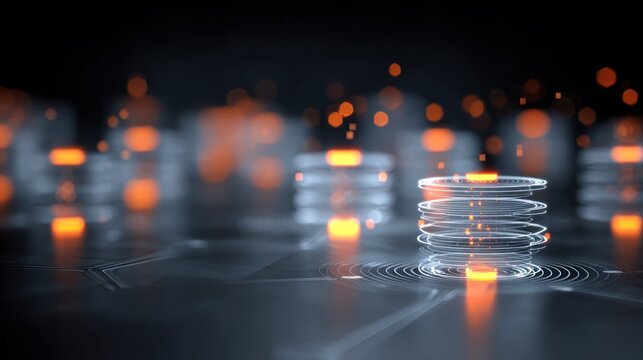 Abstract digital data storage visualization with glowing orange and white elements. - Powered by Adobe