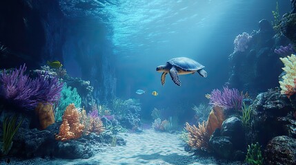 Sea turtle swims through vibrant coral reef; ocean background, marine life, underwater scene; ideal for nature documentaries.
