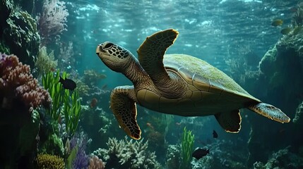 Sea turtle swimming coral reef ocean underwater wildlife nature.