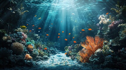 Vibrant coral reef, underwater scene, sun rays, ocean life, marine ecosystem, travel poster.