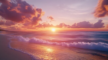 Serene sunset over ocean beach; tranquil waves. Use travel brochure.