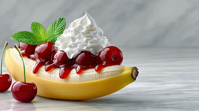 A delicious banana split dessert topped with cherries, syrup, and whipped cream, garnished with mint leaves, presented on a marble surface. - Powered by Adobe