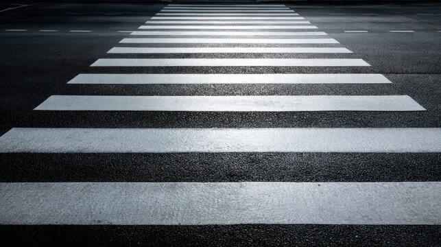 Wet asphalt pedestrian crossing with bright white stripes receding into distance.