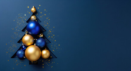 A sparkling, modern Christmas design featuring a pine tree silhouette cut out against a blue background, decorated with gold and blue balls. Holiday background.