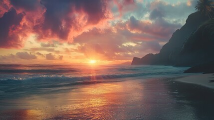 Vibrant sunset over tropical beach, waves crashing on shore, dramatic clouds.