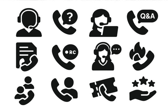Call Center Icons. Solid style icons of call center and support: headset agent, support phone, help desk icon, FAQ call, call