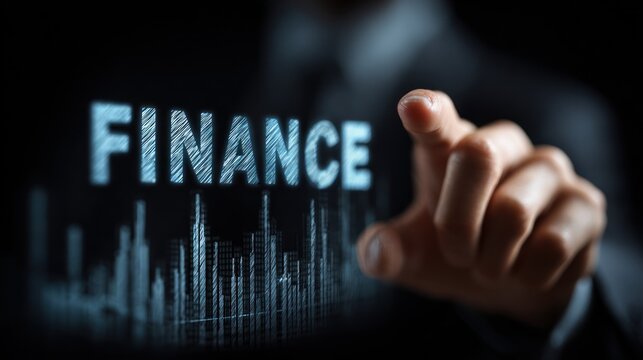Finger touches glowing finance word above digital bar graph.