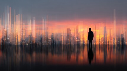 Businessman silhouette overlooks abstract glowing city skyline reflection at dusk