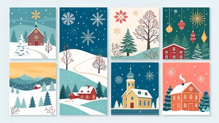 Obraz premium an assortment of golden and white snowflakes. The rightmost card uses a rich, dark teal background, decorated with a white gift box