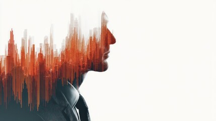 Silhouette of man overlaid with abstract city skyline and data visualization