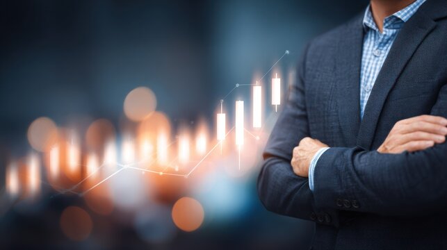 Businessman with arms crossed near glowing upward financial chart.