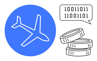 Airplane silhouette in blue circle next to binary speech bubble and stacked coins. Ideal for technology, travel, finance, innovation, cryptocurrency, digital commerce, simplicity. Simple flat