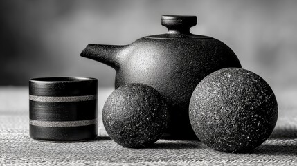 A still life composition featuring a black ceramic teapot, a matching cup, and two textured spherical objects arranged on a woven surface. The lighting is drama