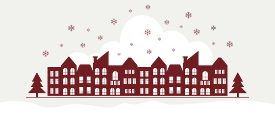 Christmas village silhouette, festive winter landscape, pine trees and falling snow, holiday greeting design, Merry Christmas and Happy New Year vector illustration