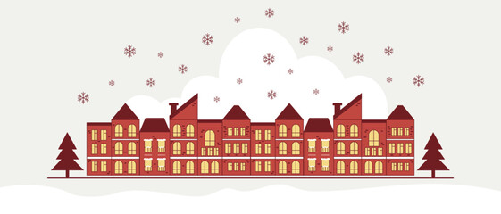 Christmas village silhouette, festive winter landscape, pine trees and falling snow, holiday greeting design, Merry Christmas and Happy New Year vector illustration