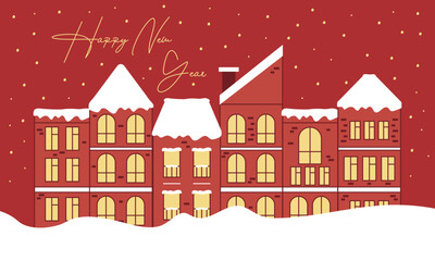 Christmas village silhouette, festive winter landscape, pine trees and falling snow, holiday greeting design, Merry Christmas and Happy New Year vector illustration