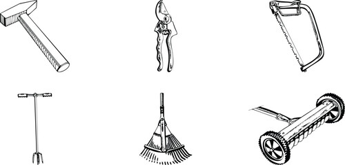 Gardening tools hammer pruners saw spading fork rake lawn roller equipment maintenance yard work landscaping horticulture agriculture farming cultivation planting harvesting garden design diy project