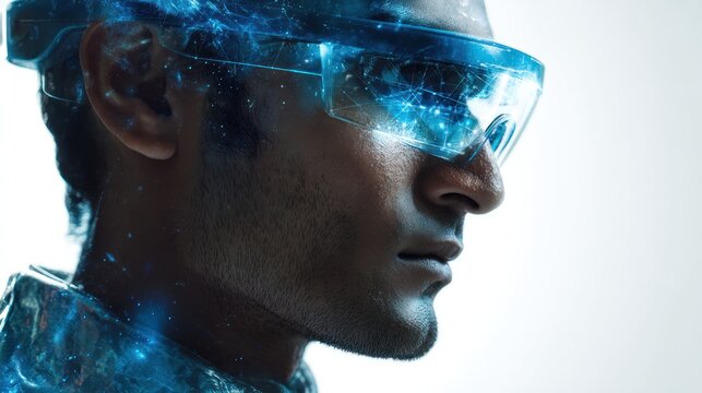 Man wearing futuristic glowing blue augmented reality glasses profile view