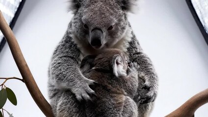 Captivating Close-up A Loving Koala Mother Tenderly Cradles Her Adorable Joey, Embodying Nature's Maternal Instincts and Gentle Care