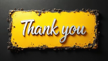 Bold yellow sign with silver 3D text saying Thank You. Textured border looks like cement or earth, set against a dark background. Offers a strong visual statement of appreciation.