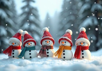 Five snowmen in striped knit hats and colorful scarves stand in falling snow before a blurred pine forest backdrop.