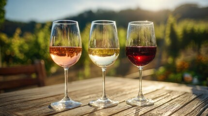 Three wine glasses with different wines on a wooden table outdoors.