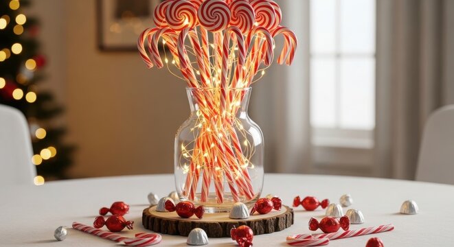 Festive christmas centerpiece with candy canes and lollipops on a white table