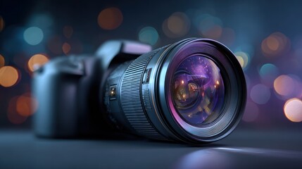 Camera lens close up with dark background and colorful bokeh lights