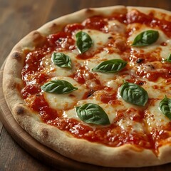 Ultra-realistic close-up of a freshly baked Margherita pizza with melted mozzarella, bright basil leaves, and glossy tomato sauce on a rustic wooden table, warm natural lighting.